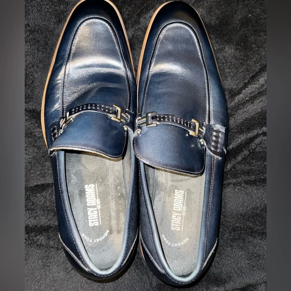 Stacy Adams Blue and Brown Leather Slip-On Loafers with Horsebit Detail